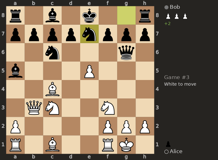 The bot's rendered chess board: an Italian Game middlegame
                  with the players and captured material shown beside it